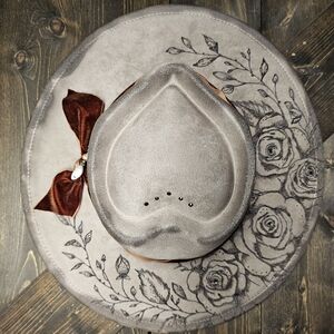 NWT Beige valentines heart fedora  custom hand burned roses with rhinestones.